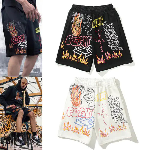 American Street Style Summer Flame Graffiti Shorts