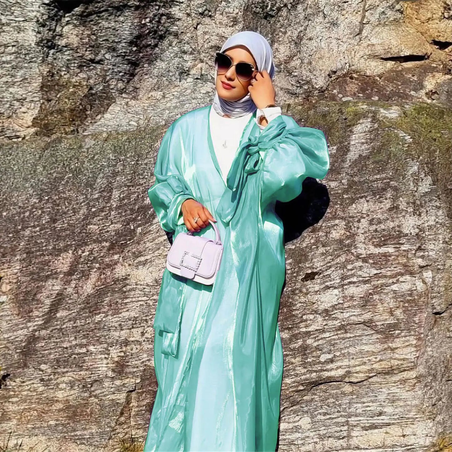 Six-Color Arabic Cardigan with Lace-up Bow Design