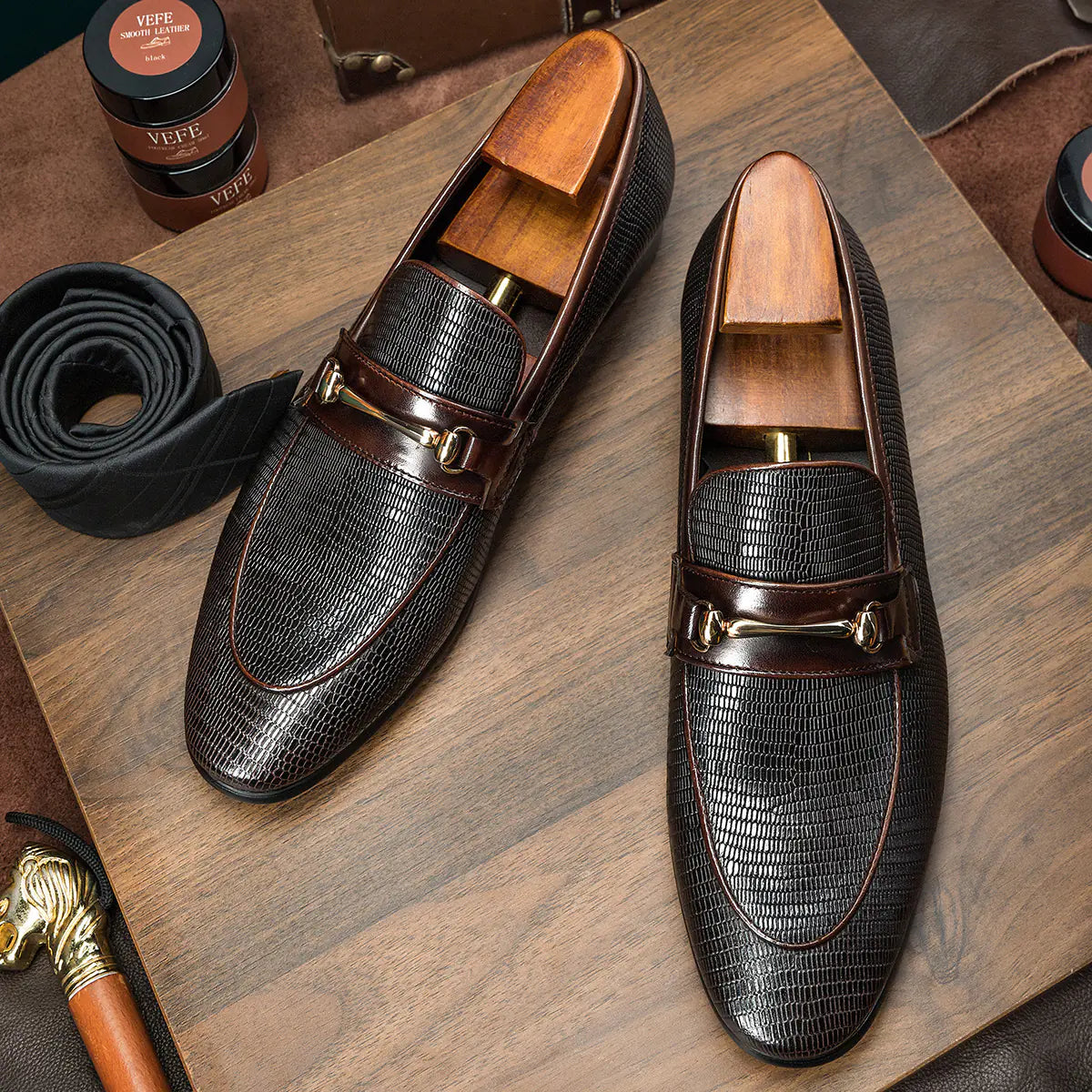 Cowhide Snake Pattern Men's Business Casual Shoes